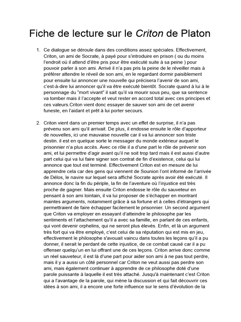 Fiche de lecture : Criton de Platon | PDF | Socrate | Justice