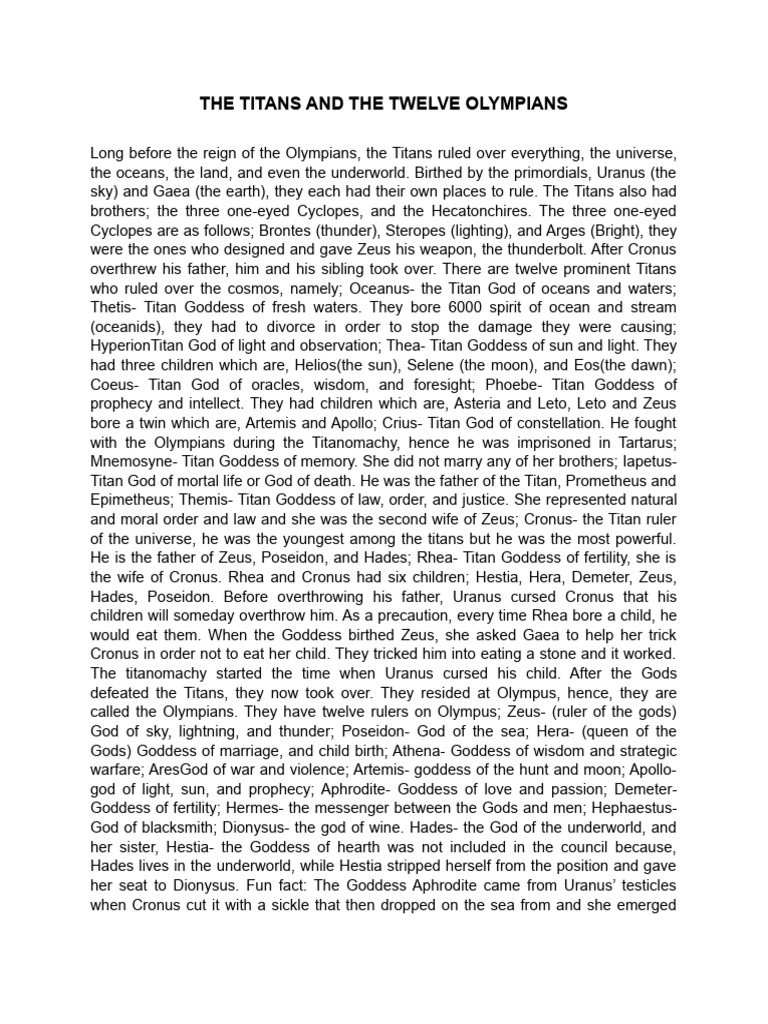 Titans and Olympians: Greek Mythology Overview | PDF | Twelve Olympians ...