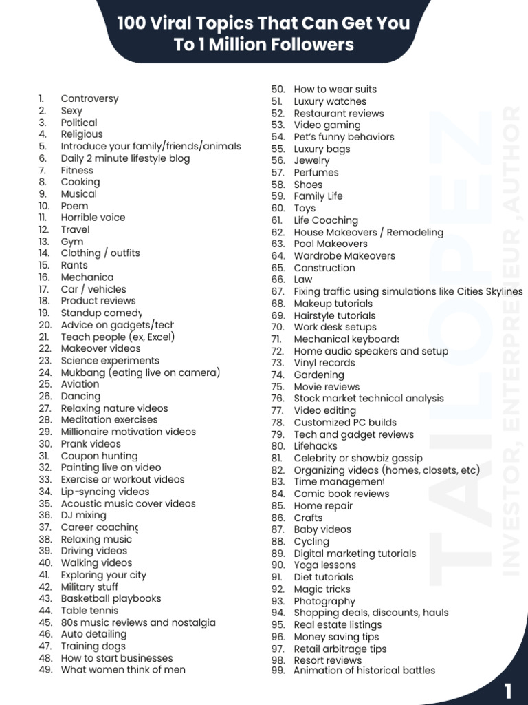 100 Topics for 1 Million Followers | PDF