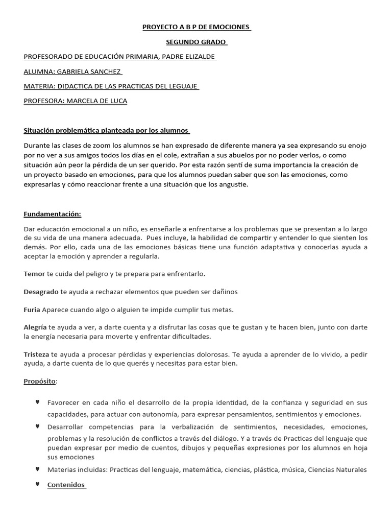 Proyecto de Emociones en Segundo Grado | PDF | Las emociones | Aprendizaje