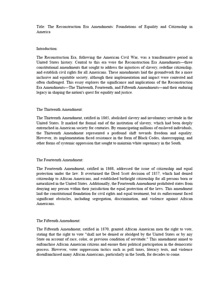 Reconstruction Amendments: Equality Foundations | PDF | Thirteenth ...