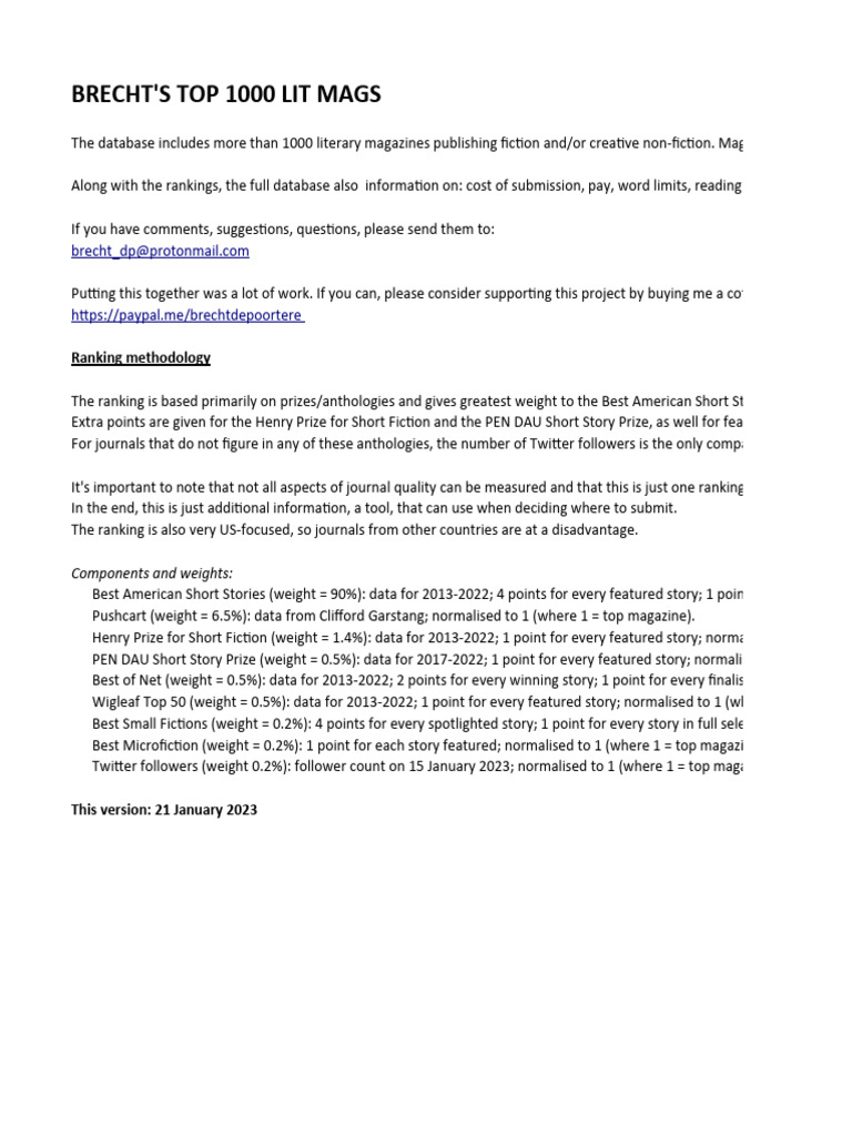 Brecht&rsquo;s Top 1000 Lit Mags (Jan 2023) | PDF | Literary Magazines 