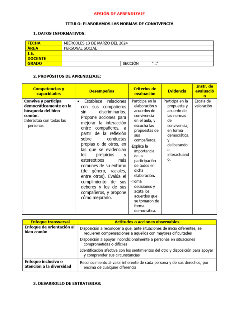 Sesion de Aprendizaje Elaboramos Normas de Convivencia4to Grado 19 de ...
