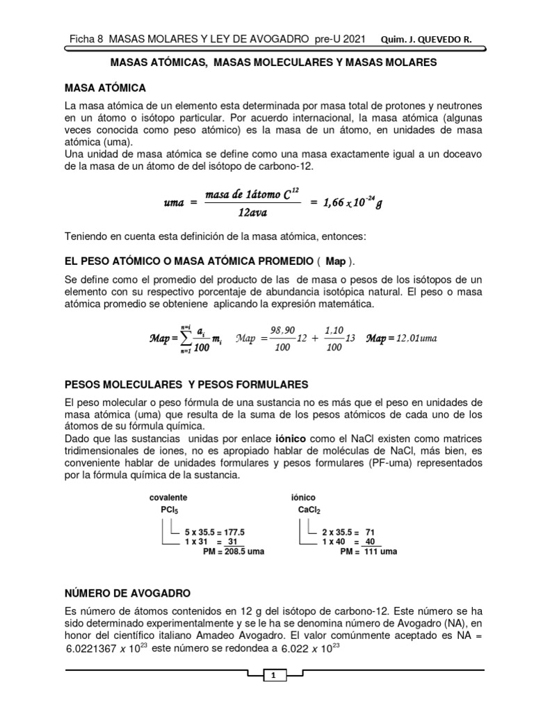 Ah Ficha 8 Masas Molares y Ley de Avogadro | PDF | Mole (Unidad) | Gases