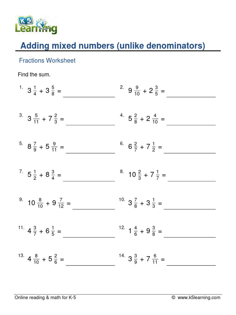 Adding Mixed Numbers Worksheet K-5 | PDF | Mathematical Objects ...