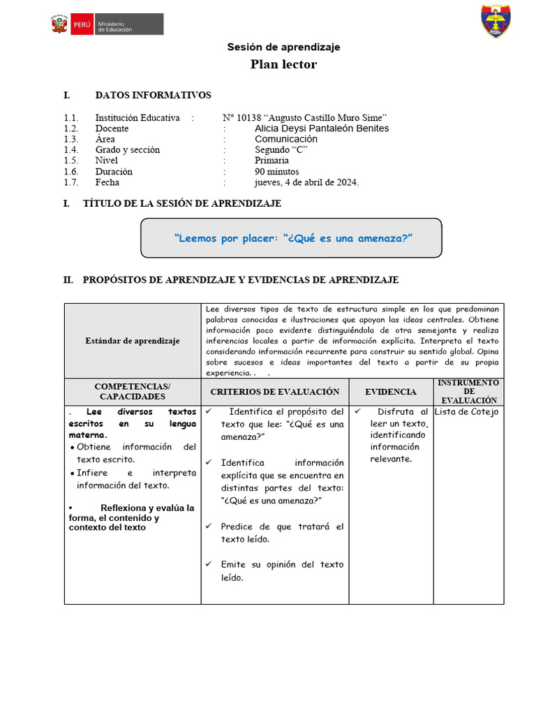 Sesion Plan Lector Jueves 4 Abril | PDF | Aprendizaje | Educación en ...