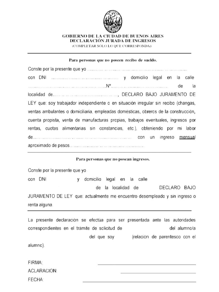 Declaracion Jurada de Ingresos NO RECIBO SUELDO | PDF