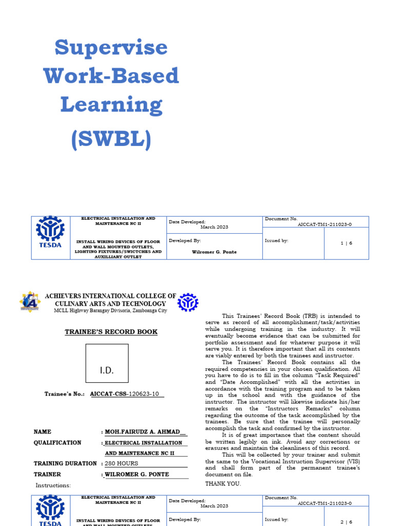 2 Supervise Work Based Learning TRB | PDF | Electrical Wiring ...