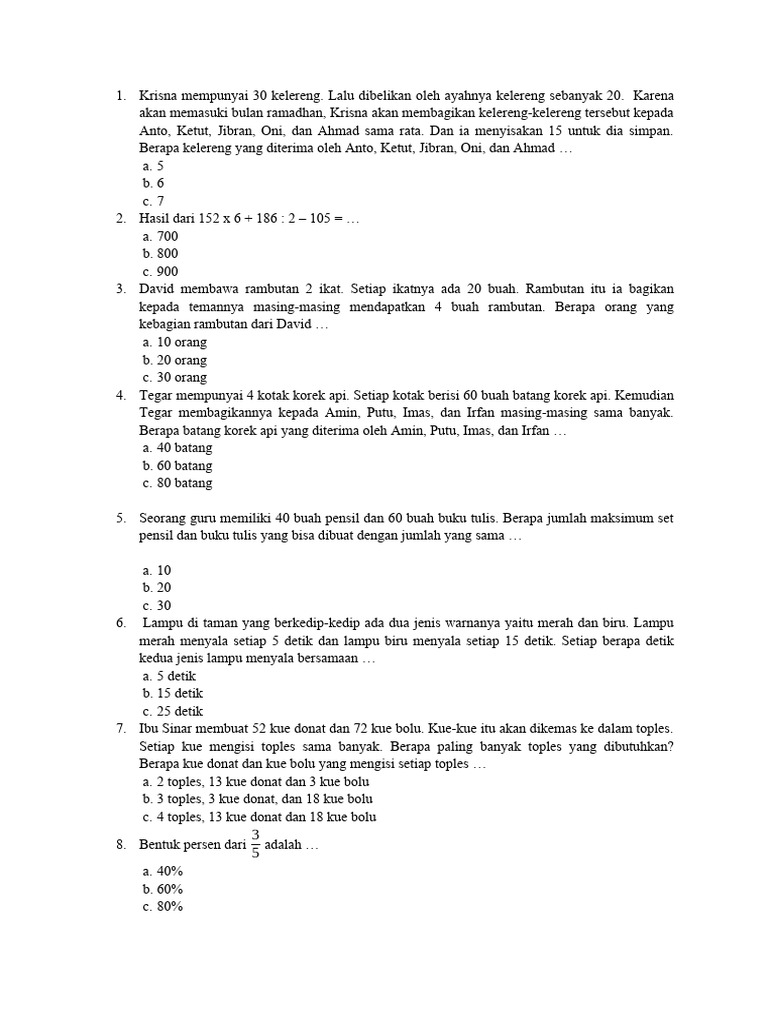 Soal Matematika Kelas 3 SD | PDF | Metode & Bahan Ajar | Griya & Taman