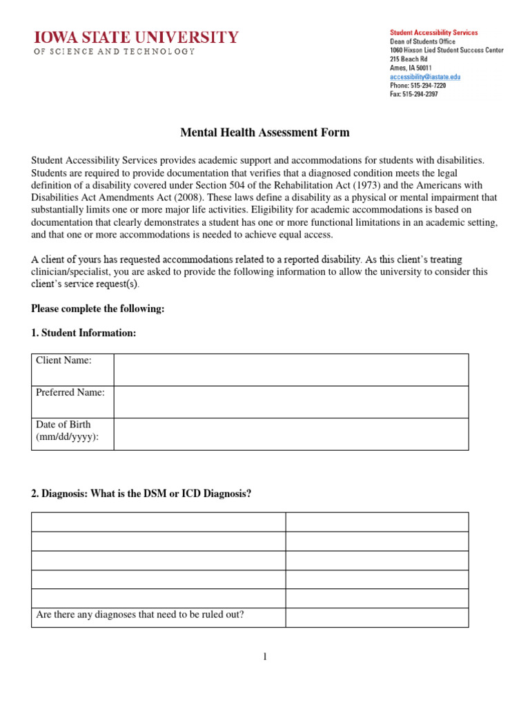 Mental Health Assessment for Accommodations | PDF | Mental Disorder ...