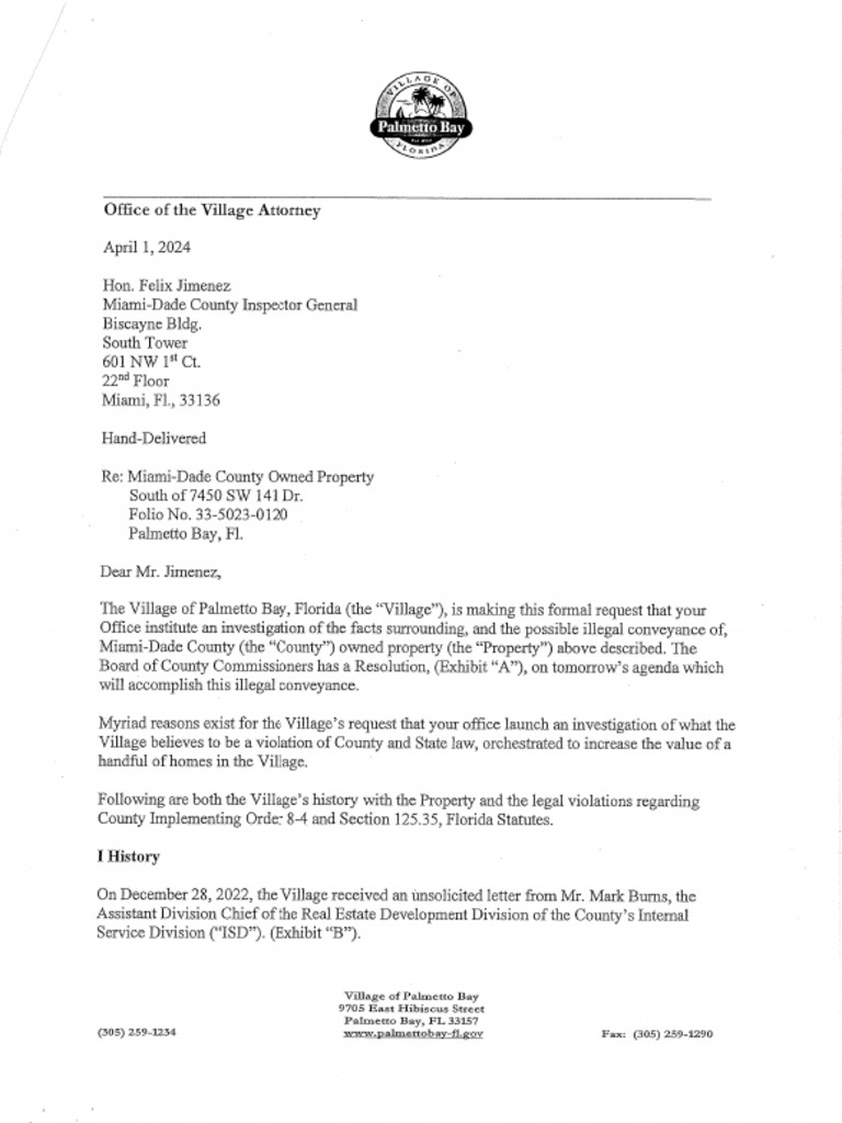 April Letter From Palmetto Bay To Miami-Dade General Inspector Re ...