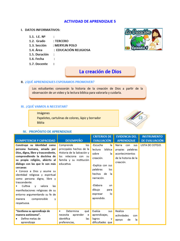 Actividad sobre la Creación de Dios | PDF | Aprendizaje | Evaluación