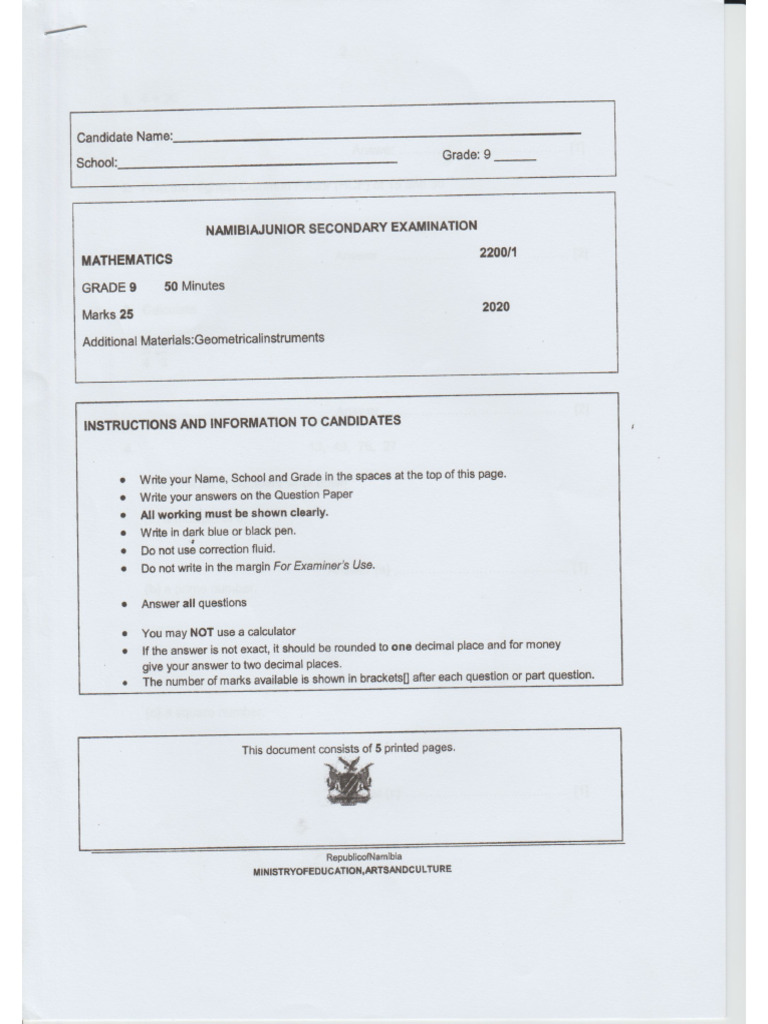 GRADE 9 MATHS PAPER 2 2020 intelligence overview