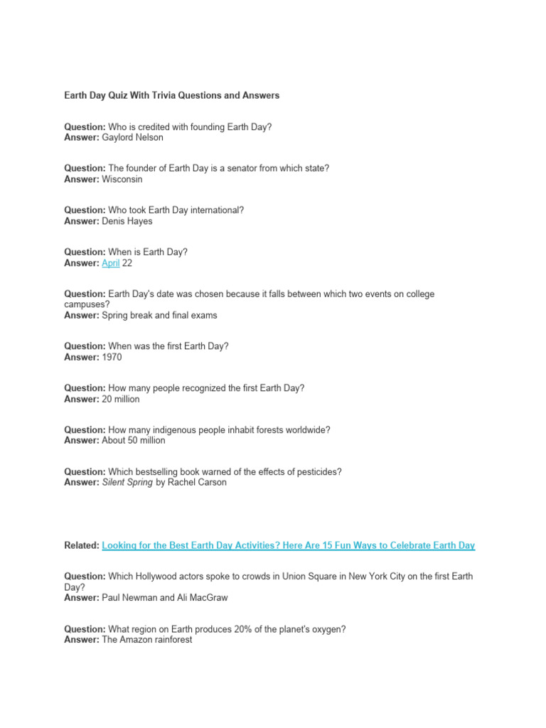 Earth Day Trivia Questions & Answers | PDF | Environmental Issues ...