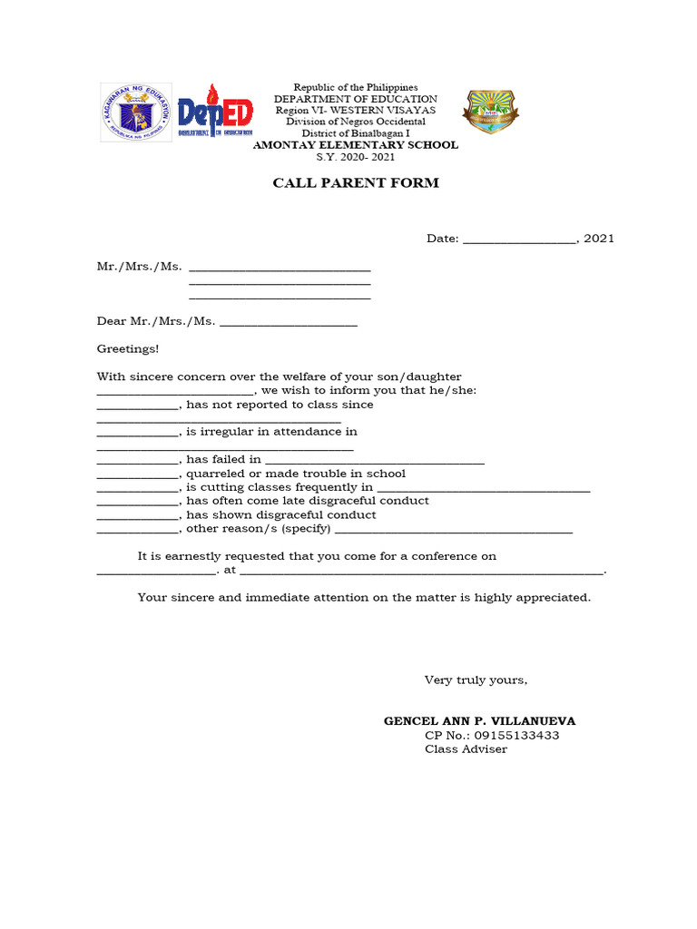 Call parent form pdf