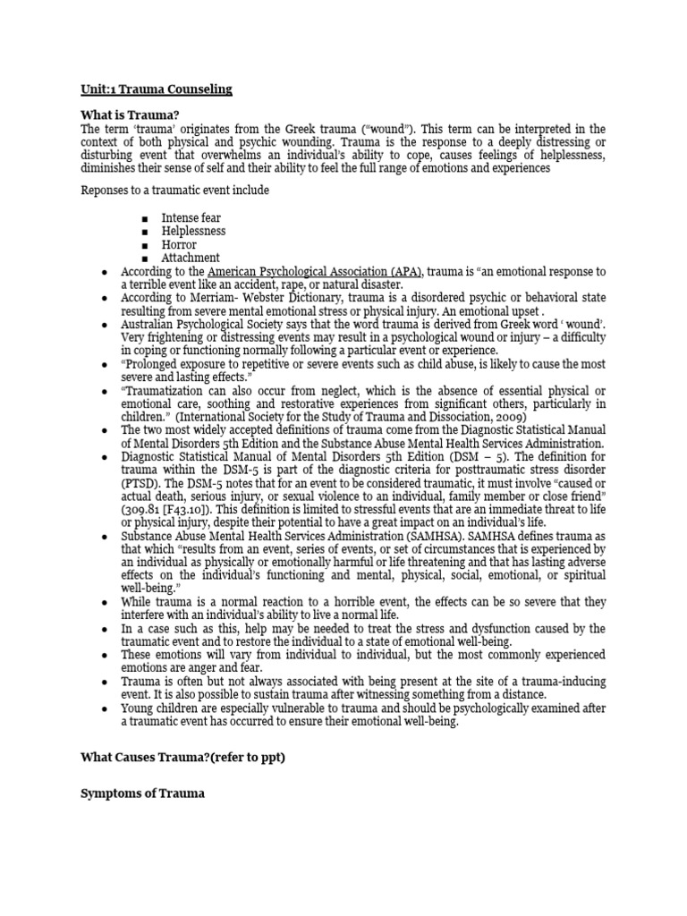Unit - 1 Trauma Counselling-2 | PDF | Psychological Trauma | Eye ...