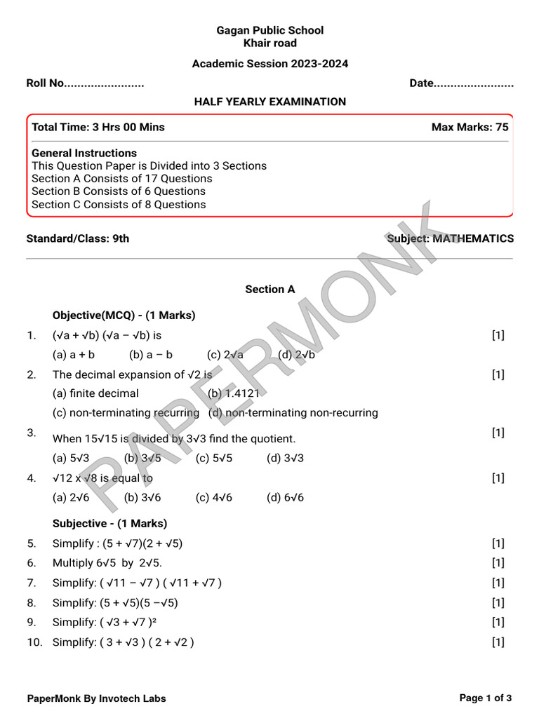 HALF YEARLY EXAMINATION | PDF | Decimal | Numbers