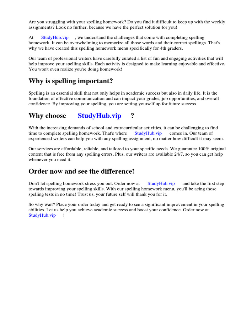 Spelling Homework Menu 4th Grade | PDF | Homework | Safari (Web Browser)