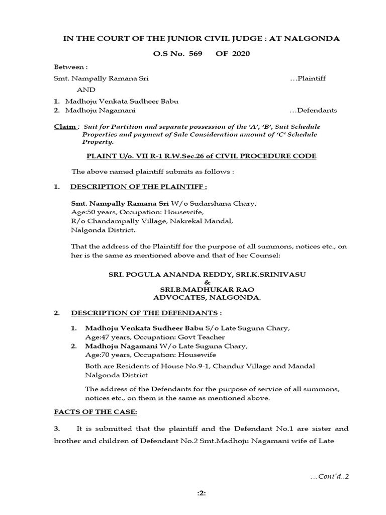 Suit for Partition Nampally Ramanasri PDF Lawsuit Summons