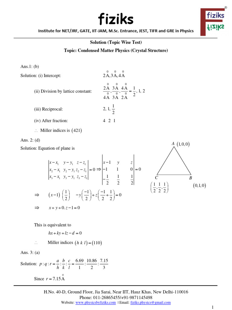Topic Wise Test 1 Crystal Structure Solution Pdf Condensed Matter