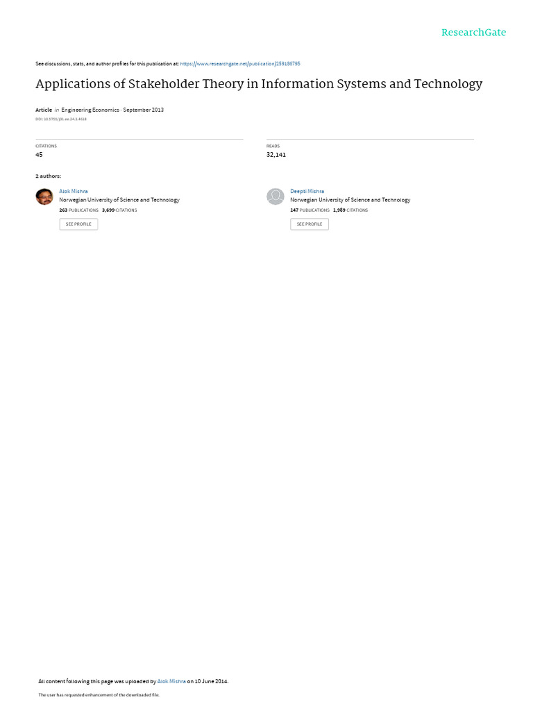 Aplicationsof Stakeholder Theoryin Information Systems Technology Pdf