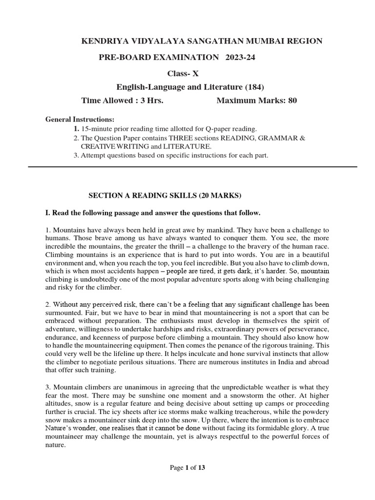 Class X English Pre-Board Exam 2023-24 | PDF | Mountaineering | Wildfire