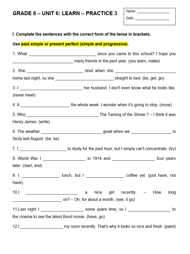 28 - 02 - 24 Grade 8 - Unit 6 - Practice Test 3 - Tenses | PDF ...
