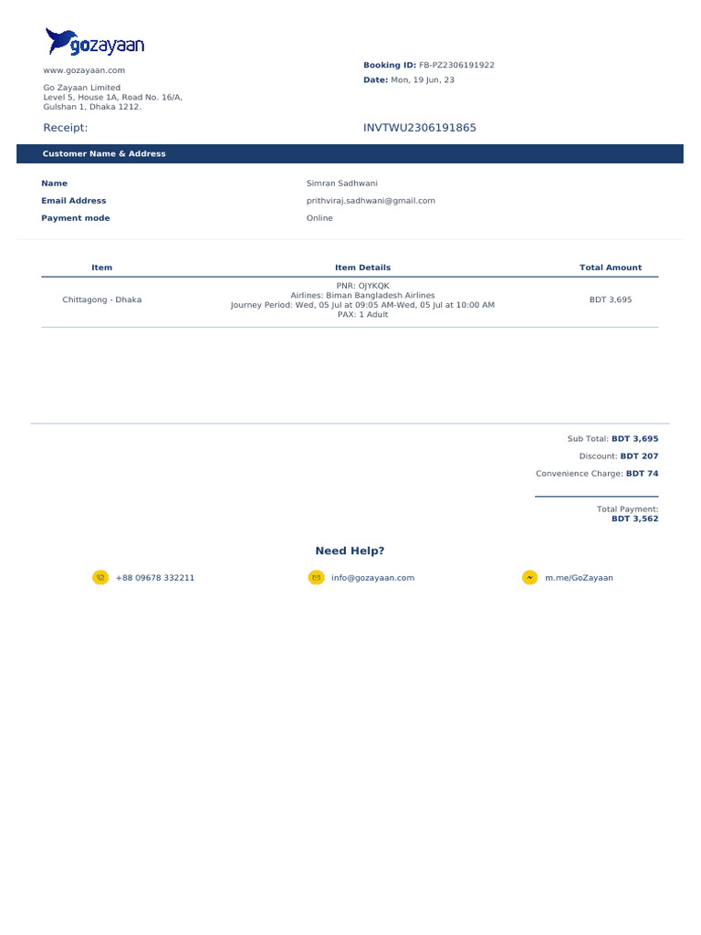 Booking Invoice INVTWU2306191865 | PDF