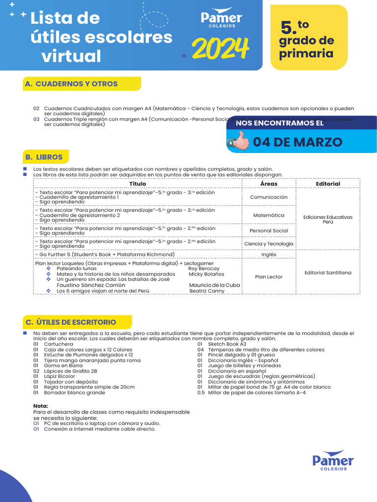 Lista de útiles escolares 2024 primaria | PDF