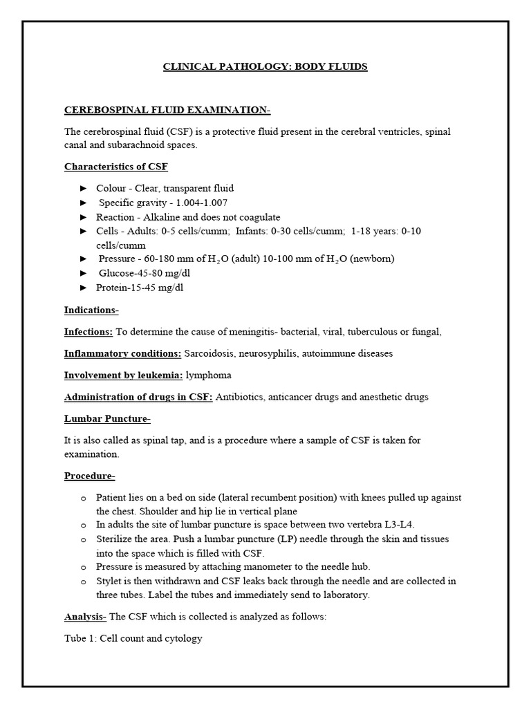 CSF and Gastric Fluid Analysis Guide | PDF | Cerebrospinal Fluid ...