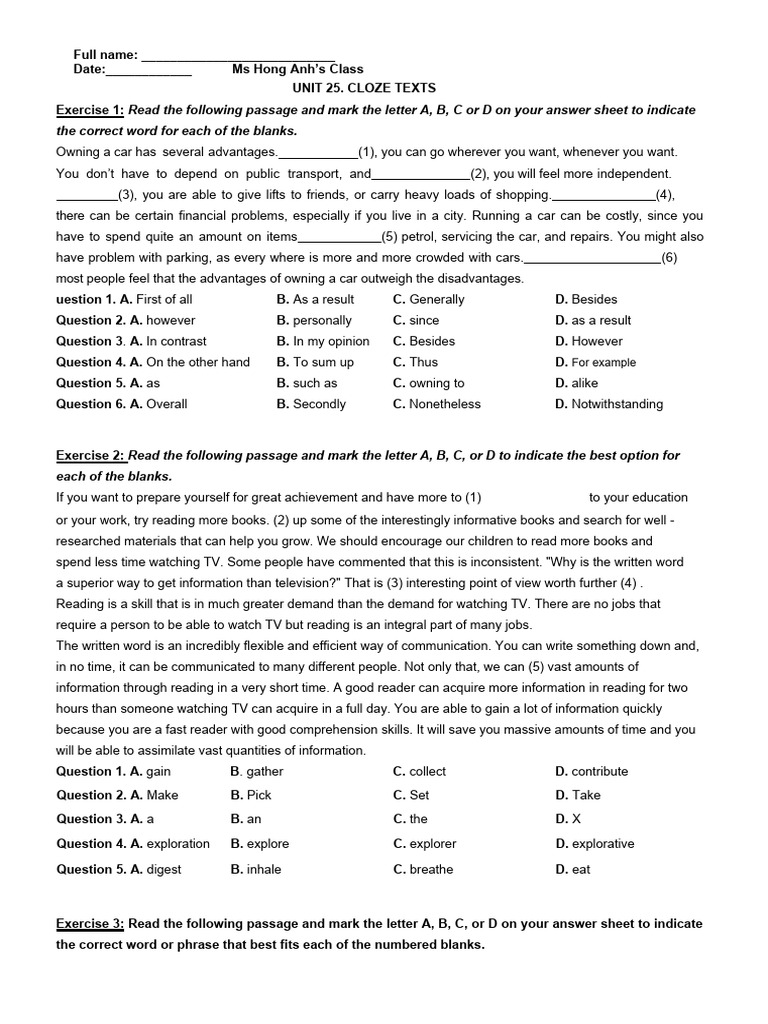 Unit 25. Cloze Texts PDF Schools Libraries