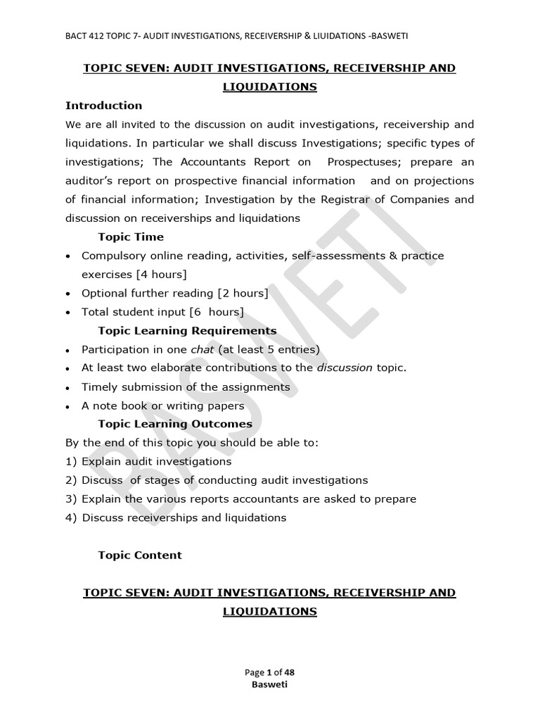 TOPIC SEVEN AUDIT INVESTIGATIONS, RECEIVERSHIP & LIUIDATION March 2024 ...