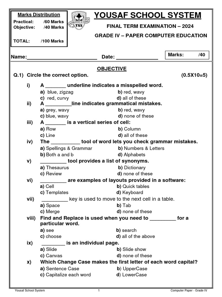 Computer Grade IV Final Paper HZ 2024 | PDF | Microsoft Word | Letter Case