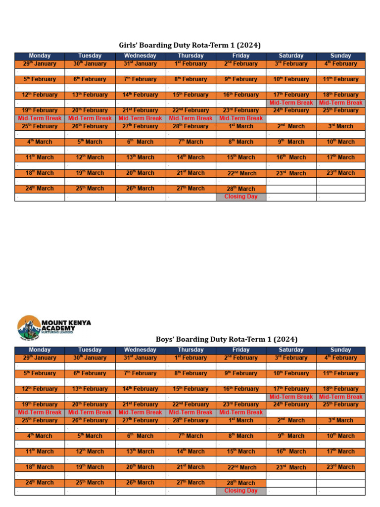 Dorms Duty Rota_MKASS_Jan-March 2024-2 | PDF