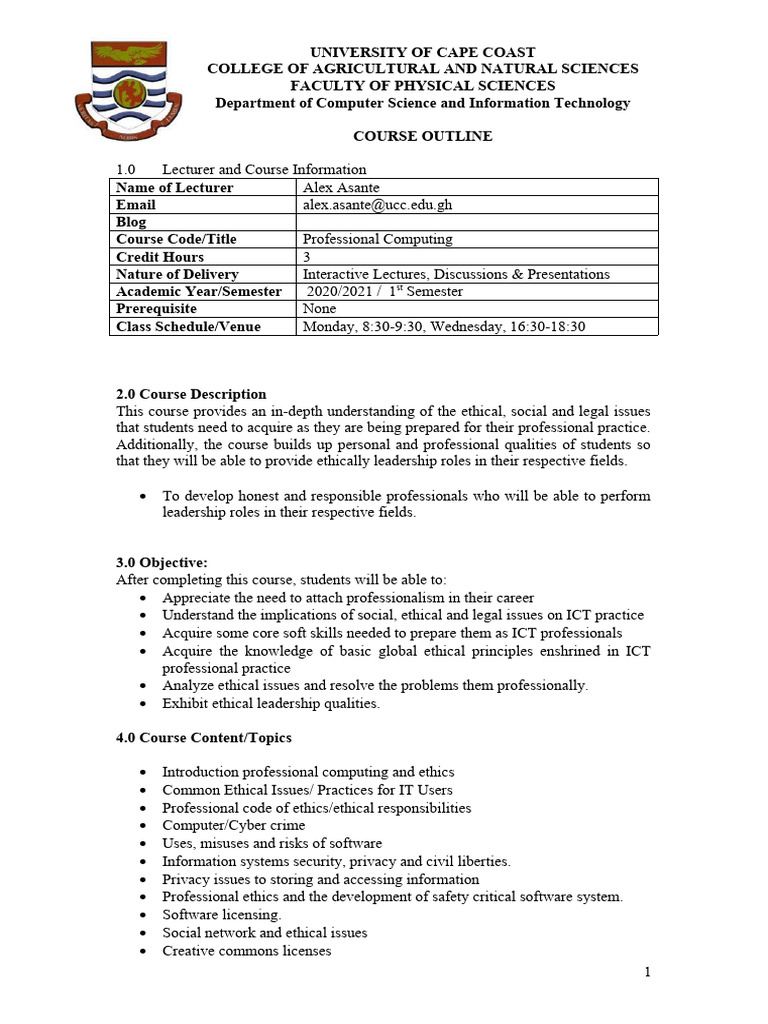 Professional Computing Ethics Course Outline | PDF | Information ...