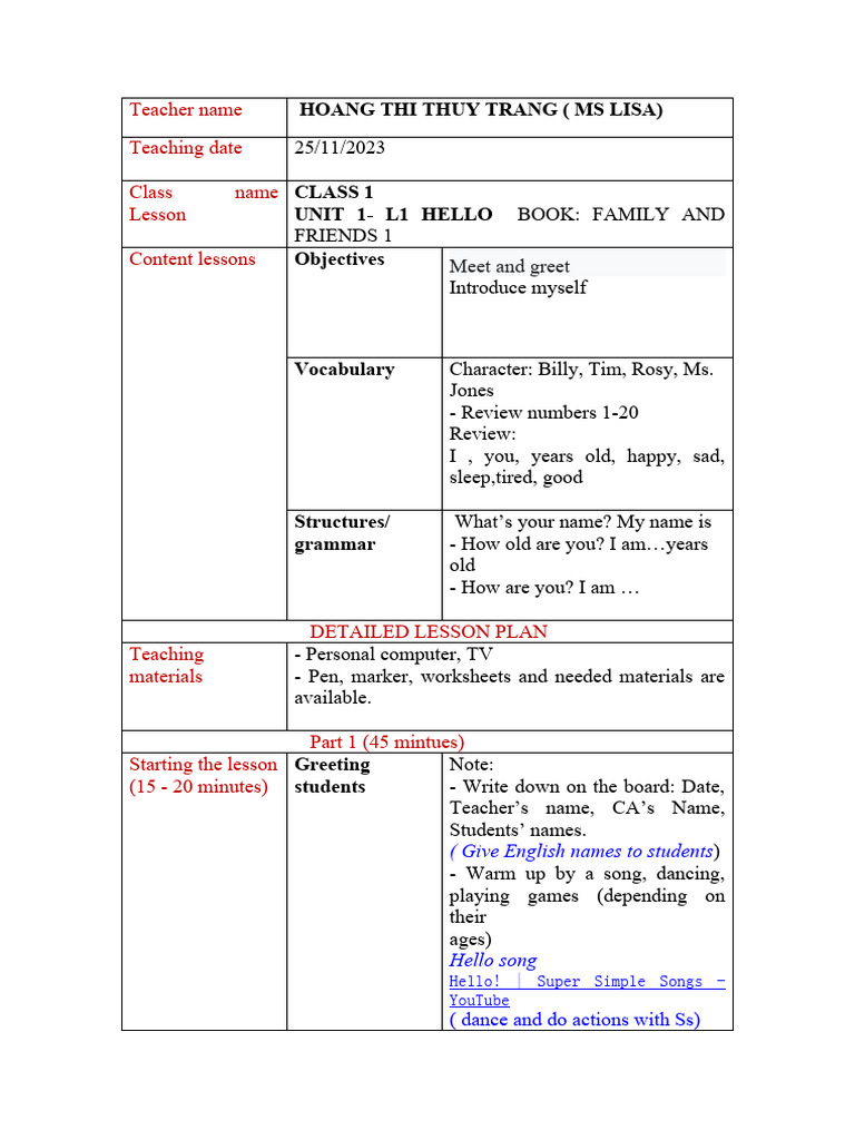 Lesson Plan for Class 1: Hello Unit | PDF | Cognition | Behavior ...