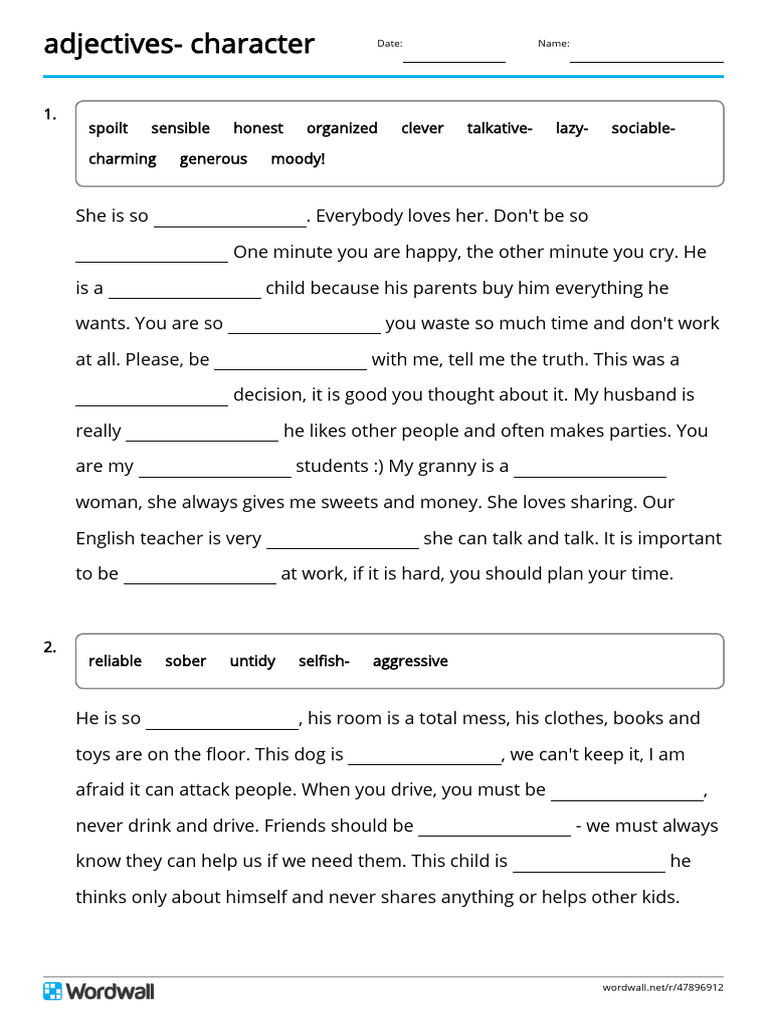 Adjectives Character Missing Word | PDF