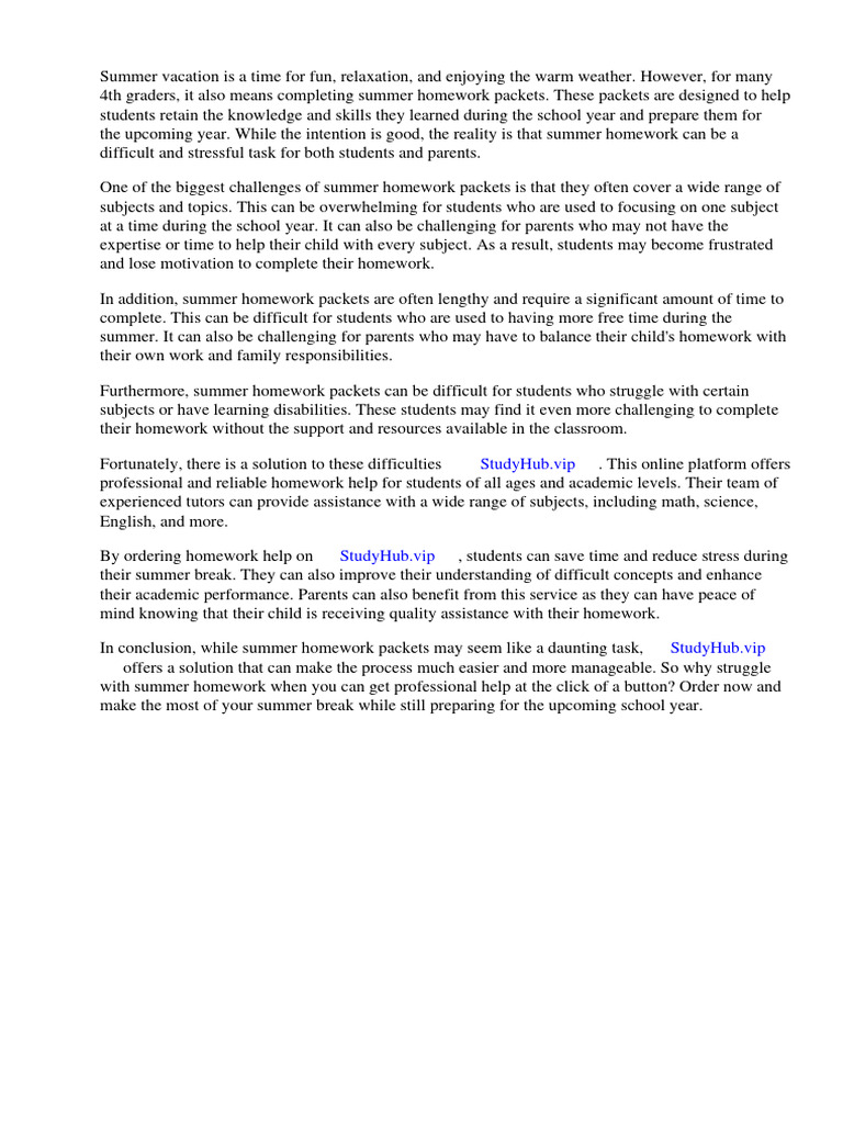 Summer Homework Packets 4th Grade | Download Free PDF | Homework