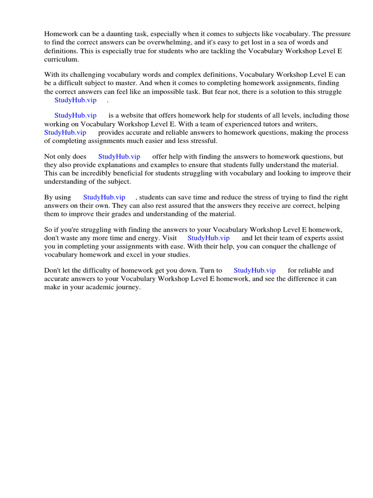 Homework Hawk Vocabulary Workshop Level e Answers Download Free PDF