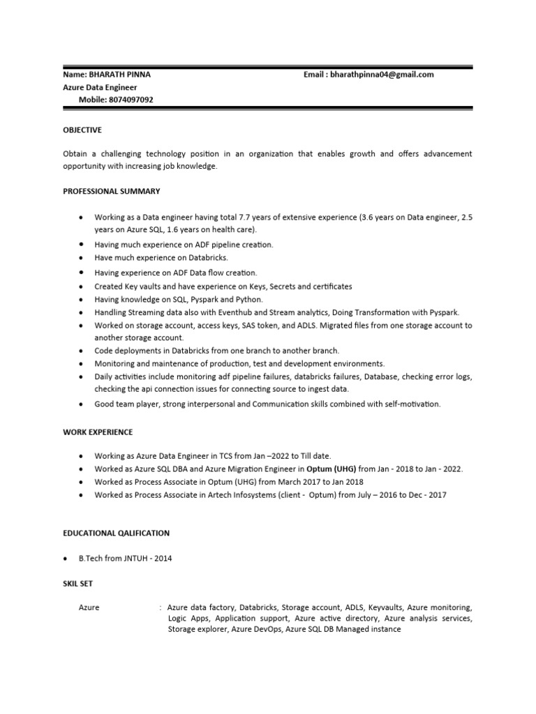 Azure Data Engineer Resume - Bharath Pinna | PDF | Backup | Apache Spark