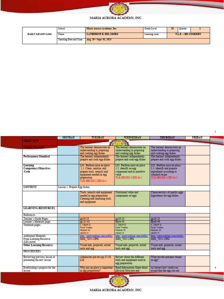 Grade 10 TLE Cookery Lesson Plan | PDF | Cooking | Learning