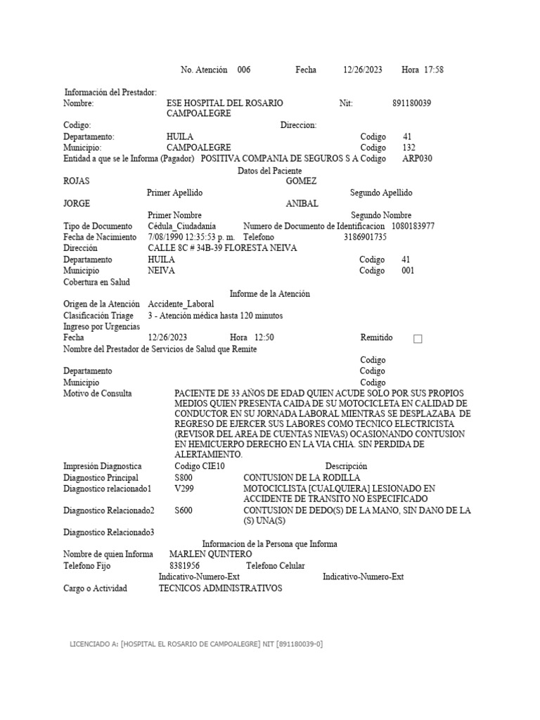 Diagnóstico V299: Lesión Motociclista | PDF | Medicina | Cuidado de la ...