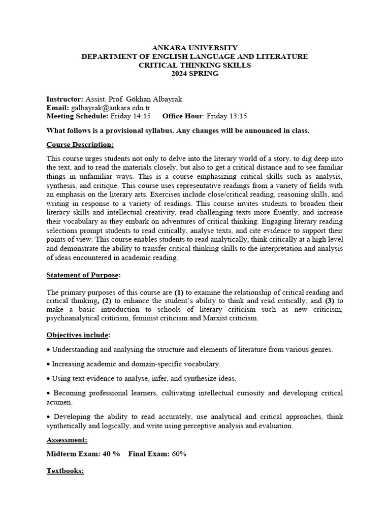 Syllabus Critical Thinking Spring 2024 | PDF | Critical Thinking | Thought