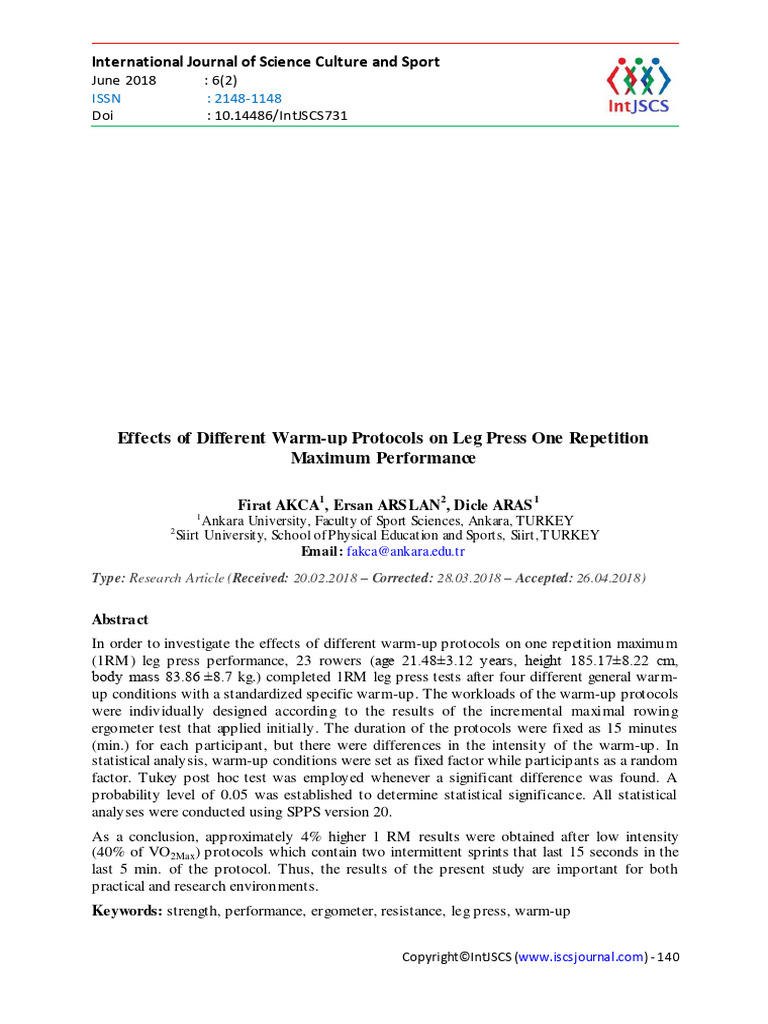 Effects of Different Warm-Up Protocols On Leg Press One Repetition ...
