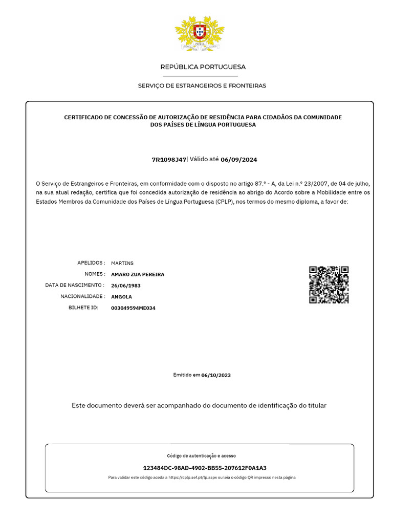 Certificado de Residência CPLP | PDF