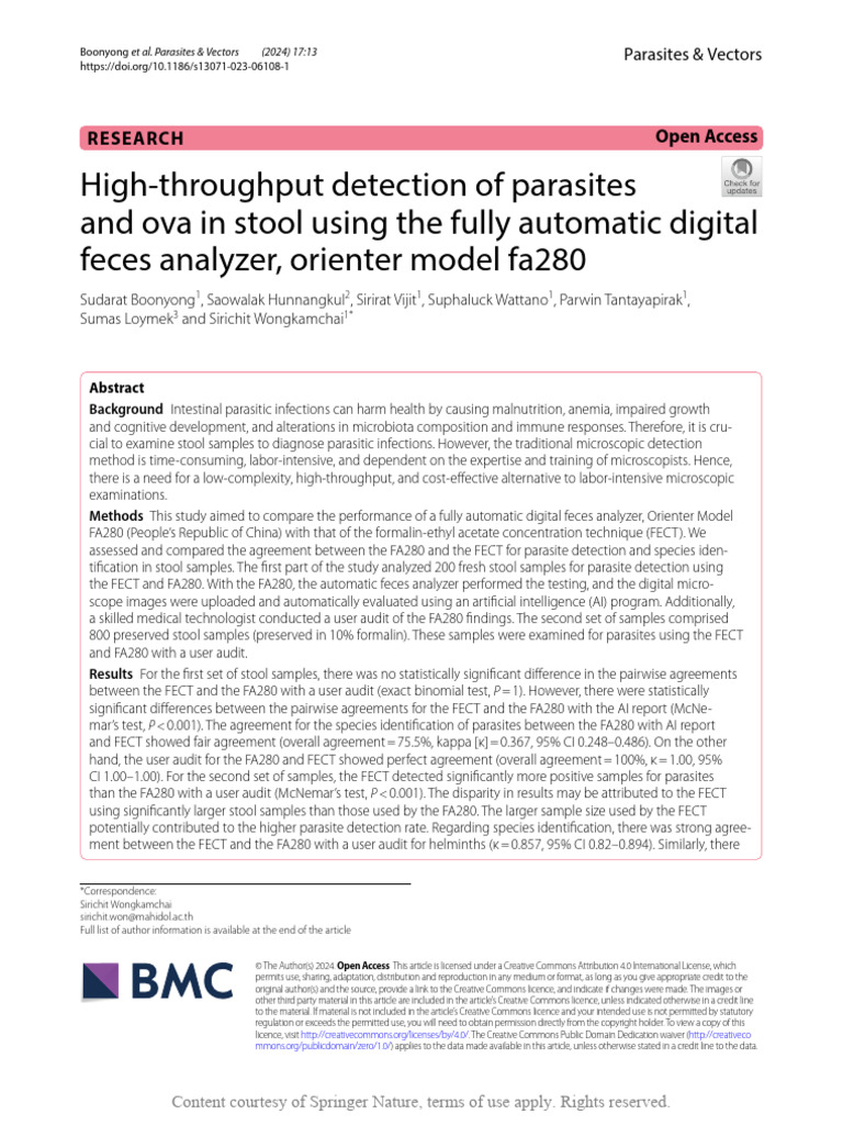 High-Throughput Detection of Parasites and Ova in | PDF | Feces ...
