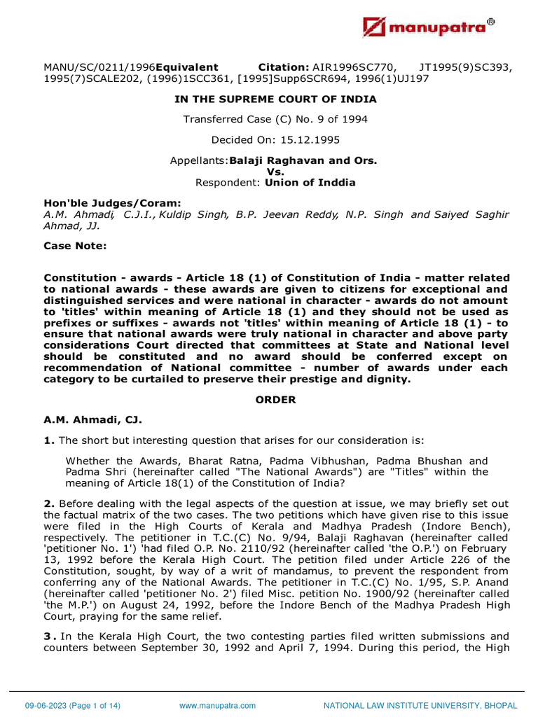 Balaji Raghavan and Ors Vs Union of Inddia 151210117s960767COM501980 ...