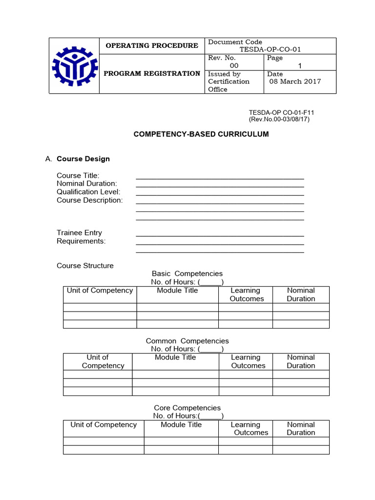 2.1.1. Competency-Based Curriculum (TESDA-OP-CO-01-F11) | PDF | Learning