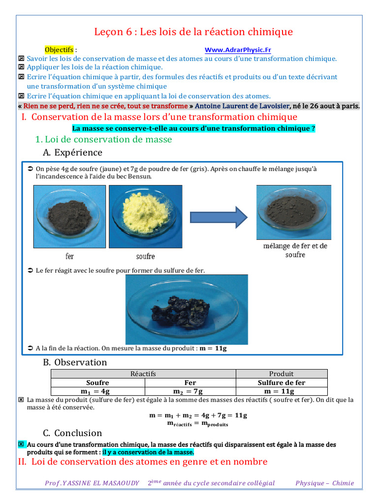 Conservation de la masse en chimie | PDF | Molécules | Atomes