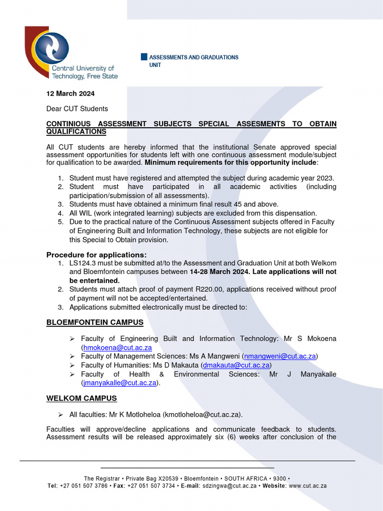 Communique To Students Continious Assessments Subjects Special ...